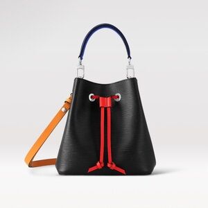 Black Leather Drawstring Bucket Bag with Red Accents
